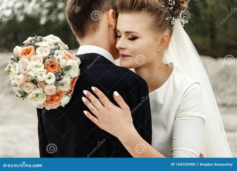 Happy Bride Hugging Stylish Groom And Smilingtender Moment Luxury