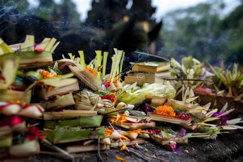 Ofrendas Tradicionales Del Balinese A Dioses En Bali Con Las Flores Y