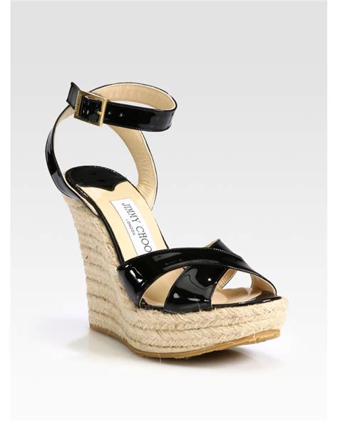 Jimmy Choo Paisley Patent Leather Espadrille Wedge Sandals In Black Lyst