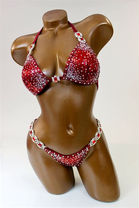 Npc Ifbb Competition Bikini Deep Red Sequin Bikini Suit Etsy