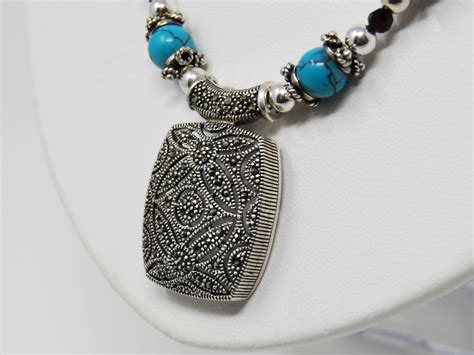 Marcasite Silver Pendant Necklace Enriched By Turquoise Bali Silver