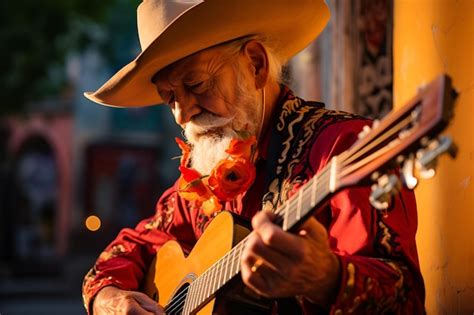 Un Anciano Mexicano Con Sombrero Toca La Guitarra Y Canta En Una Calle