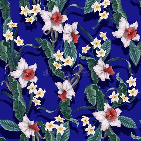 Seamless Pattern With Tropical Flowers And Leaves Such As Banana Palm Leaf And Narcissus