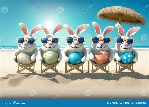 Super Funny Easter Bunnies Cartoon In Sunglasses With Easter Eggs