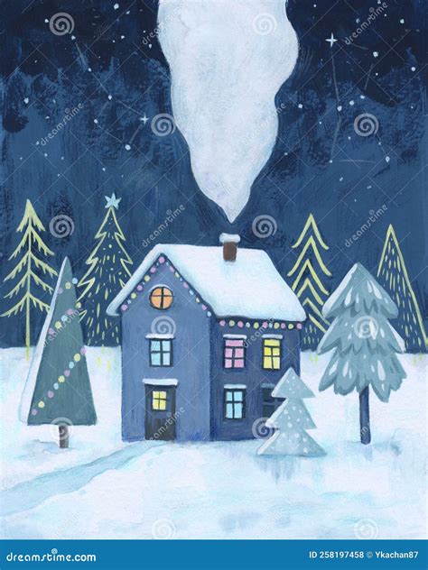 Snowy Winter Christmas Night Cottage. Painting in Simple Cartoon Style. Holiday Postcard ...