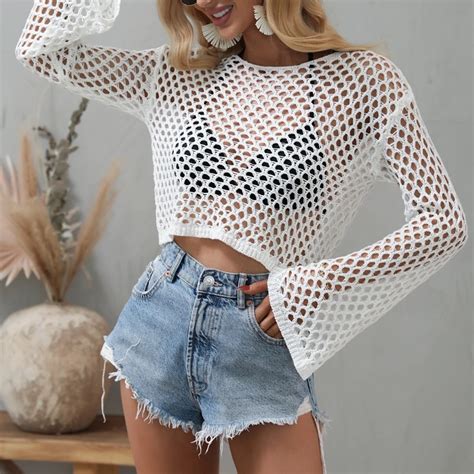 2022 Sexy Knitted Crochet T Shirt Tops Women Summer Hollow Out Mesh