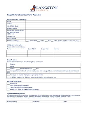 Fillable Online Single Mother S Essentials Pantry Application Fax Email