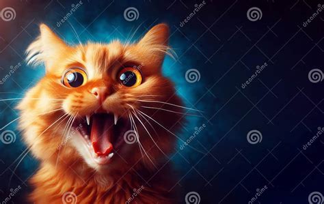 Crazy Red Cat With Big Eyes And Open Mouth On A Blue Background Stock