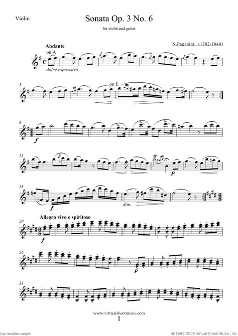 Paganini Sonata Op 3 No 6 Sheet Music For Violin And Guitar