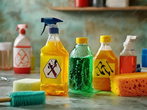 Toxic household chemicals warning signs cleaning tools in room toxicity