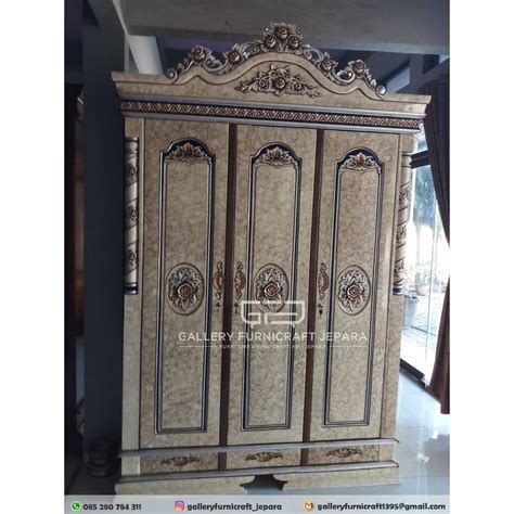 Jual Lemari Pakaian 3 Pintu Raja Kayu Jati Finishing Duco Marmer