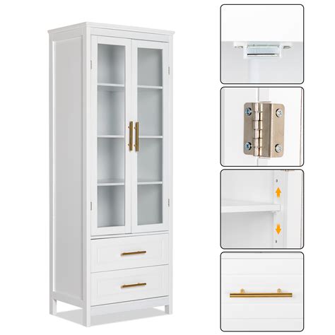 Hassch Storage Cabinet With 2 Drawers And 2 Glass Doors For Living Room Bathroom Kitchen White