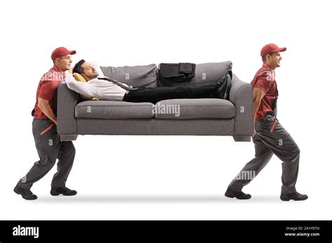 Workers Carrying A Sofa And A Businessman Sleeping Isolated On White