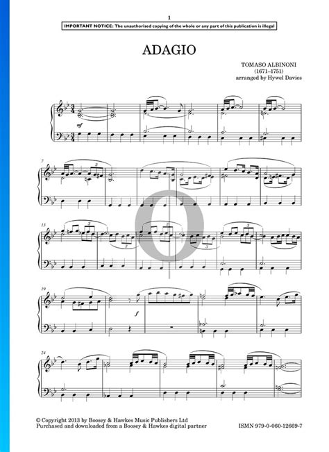 Adagio In G Minor Giazotto Tomaso Albinoni Piano Sheet Music Oktav