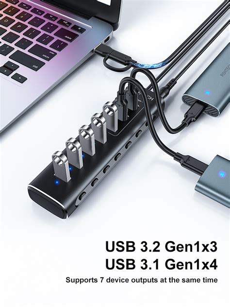 Rshtech 7 In 1 Type C Usb 3 1 Powered Hub 12v 2a 10gbps Switchable Connector Type C 7 In 1 Port