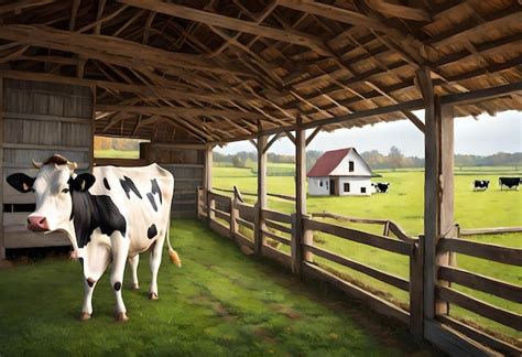 Premium Photo | A cow is standing in a barn with a house in the background