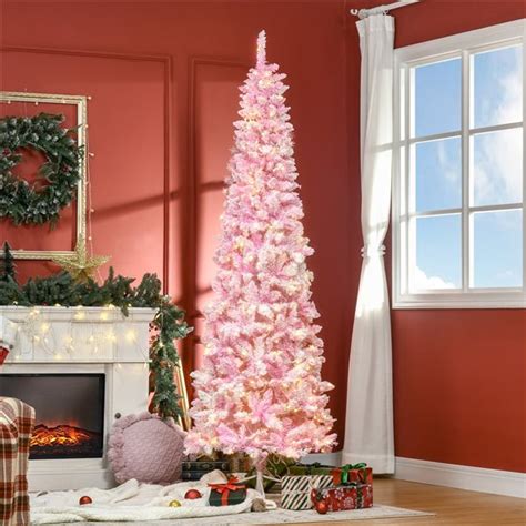 Homcom Ft Leg Base Flocked Pink Artificial Christmas Tree With Led