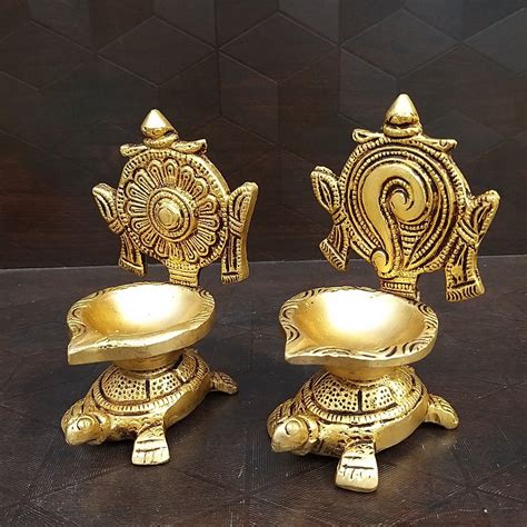 Brass Sangu Chakkara Diya On Tortoise Brass God Idols Vgocart