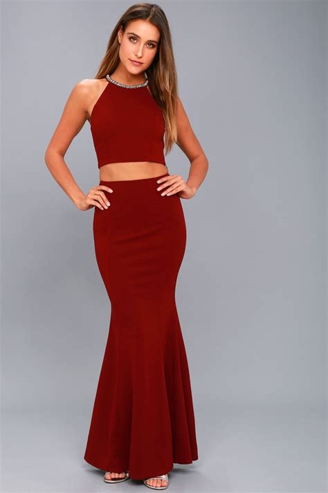 Stunning Wine Red Rhinestone Dress Two Piece Maxi Dress Lulus