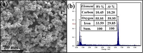 A Sem Micrographs Of The Synthesized Fe O Nps And B Edx Elemental