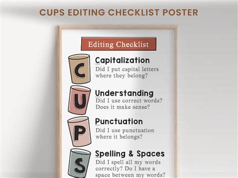 Cups Editing Writing Strategy Checklist Poster English Etsy