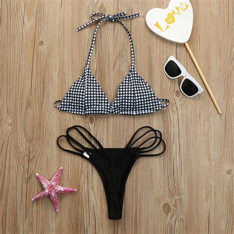 2018 Black Low Waist Sexy Women Plaid Bikini Set Push Up Padded Bra