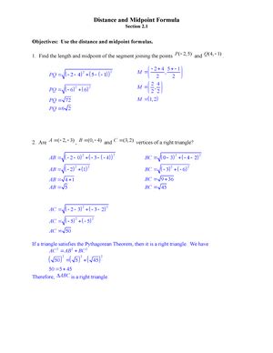 Section 2 1 Distance And MIdpoint Formula Solutions Distance