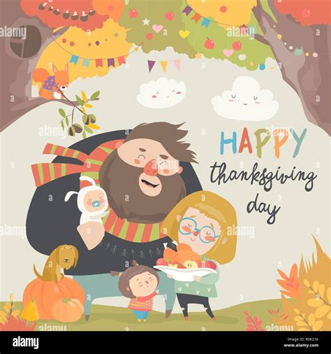 Vector illustration of a cartoon happy family celebrating Thanksgiving ...