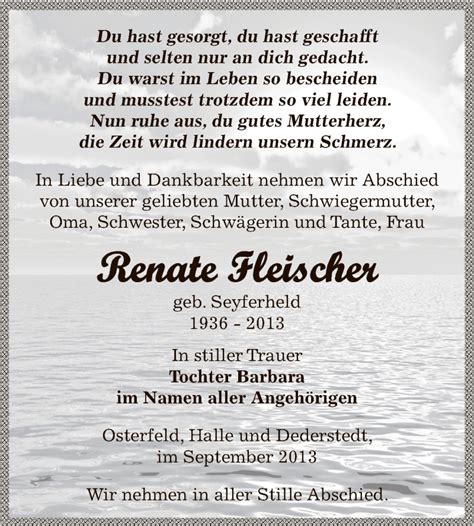 Traueranzeigen Von Renate Fleischer Abschied Nehmen De