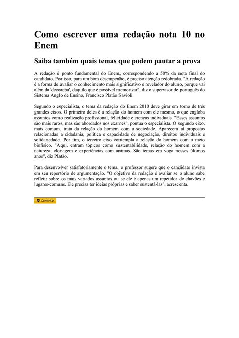 Redação Nota 10 - Como escrever uma redação nota 10 no enem | DOC