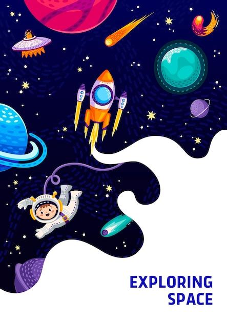 Astronauta De Dibujos Animados De Cartel Espacial En El Espacio Ultraterrestre Vector Premium