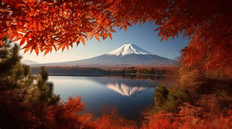 秋の富士山 湖のある秋の森のイメージ 美しい紅葉と富士山 Hd写真撮影写真 水背景壁紙画像素材無料ダウンロード Pngtree