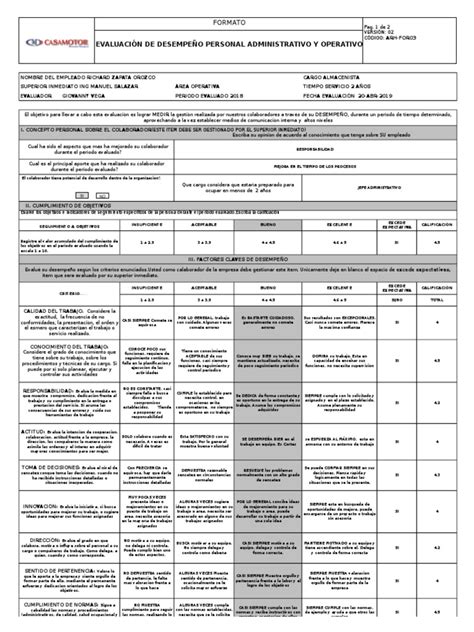 Evaluación De Desempeño Personal Administrativo Y Operativo Formato