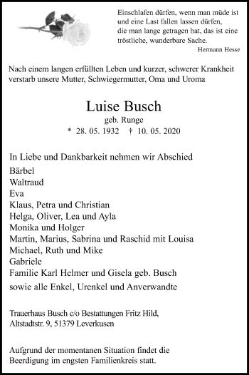 Traueranzeigen Von Luise Busch WirTrauern