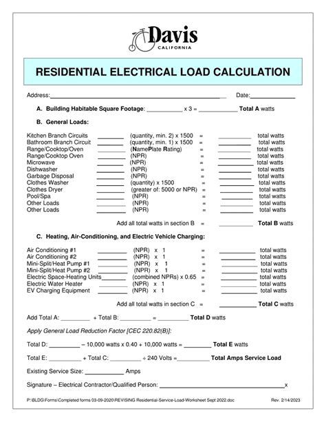 City Of Davis California Residential Electrical Load Calculation