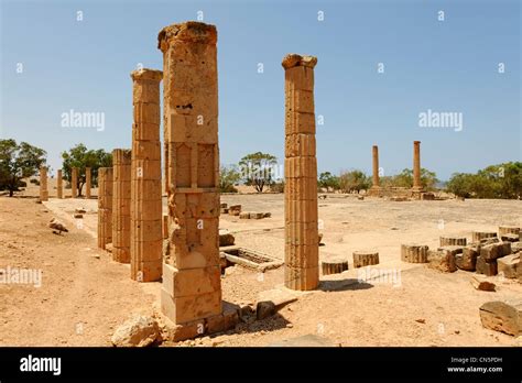 Ptolemais Cyrenaica Libya View Of Restored Columns At The Greek