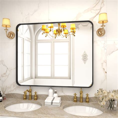 Voobang Bathroom Mirror 30x40 Inch Black Deep Frame Mirror For Wall Modern Round Corner Vanity