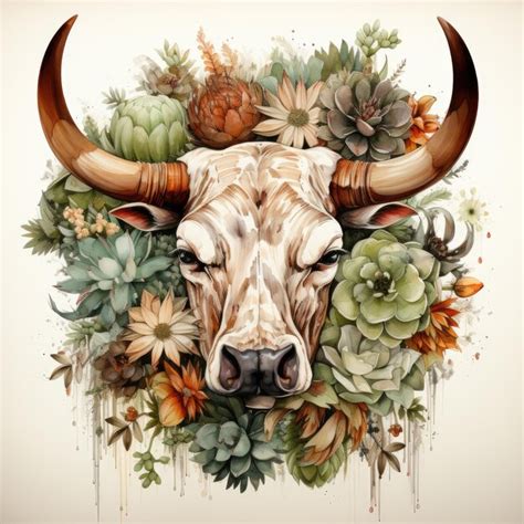 Premium Photo Watercolor Cactus With Bull Skull Illustration Generative Ai