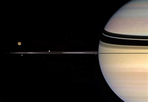 Saturn Its Rings And Five Moons Pandora Titan Enceladus Tethys