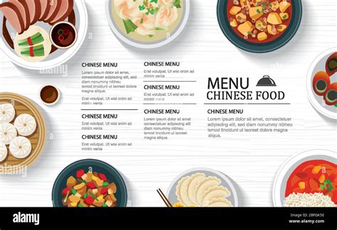 Chinese Food Menu Restaurant On A White Wooden Table Top Template