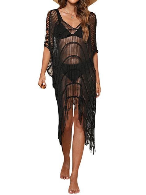 Gwiyeopda Cover Ups For Women Crochet Bathing Suit Fringe Trim Bikini