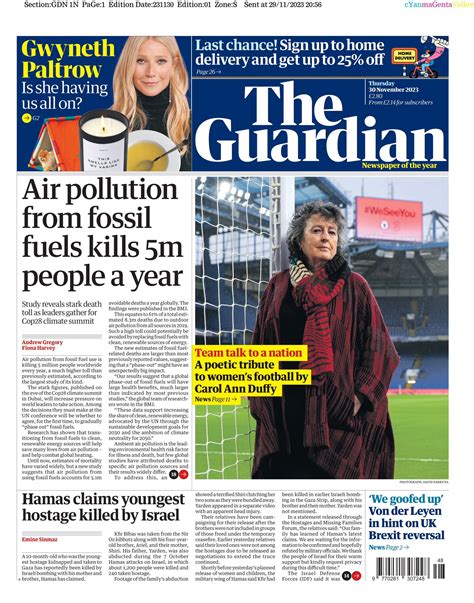 Guardian Front Page 30th Of November 2023 Tomorrows Papers Today