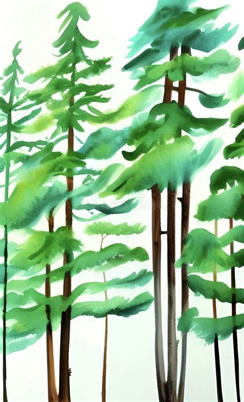 Watercolor Pine Trees And Forest Landscape Stock Illustration