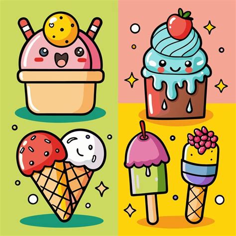 Ilustración de cuatro helados de dibujos animados diferentes Vector