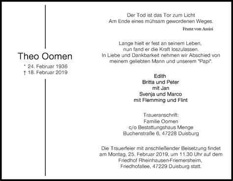 Traueranzeigen Von Theo Oomen Trauer In Nrw De