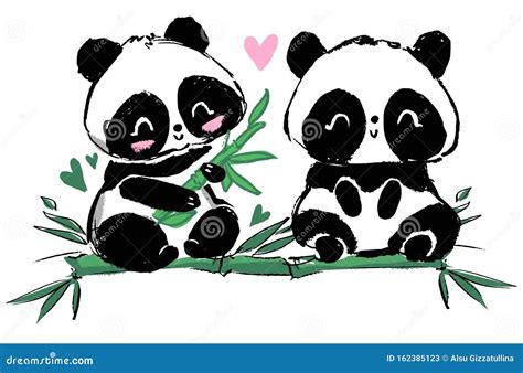 Oso Panda Cute Dibujado a Mano Sentado En El Bambú Ilustración Del