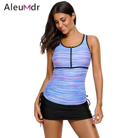 Aleumdr Two Piece Swimsuit For Women Stripe Mesh Racherback Tankini Top And Lace Up Bikini