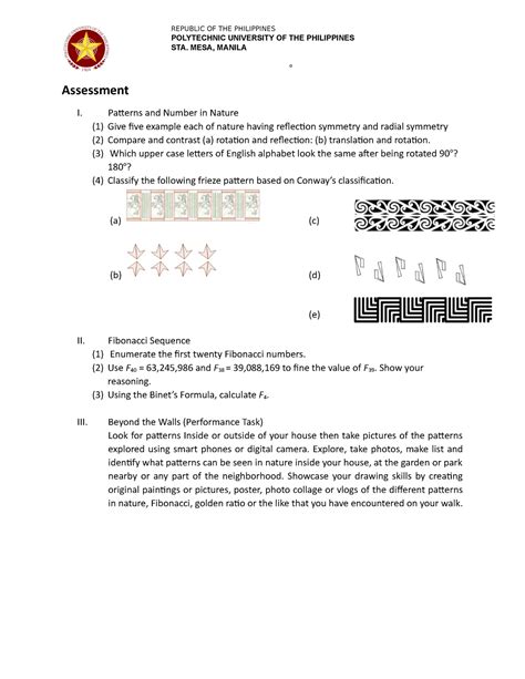 MMW Assessment 1 O Assessment I Patterns And Number In Nature 1