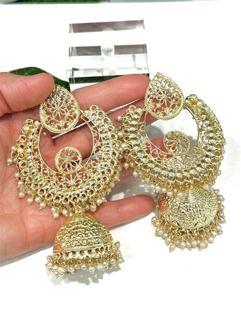 Indian Gold Plated Earringsindian Golden Pearl Jhumkapunjabi Etsy