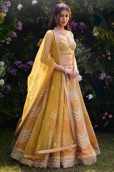 Apricot Yellow Raw Silk Zari Dori Embroidered Wedding Lehenga Set By